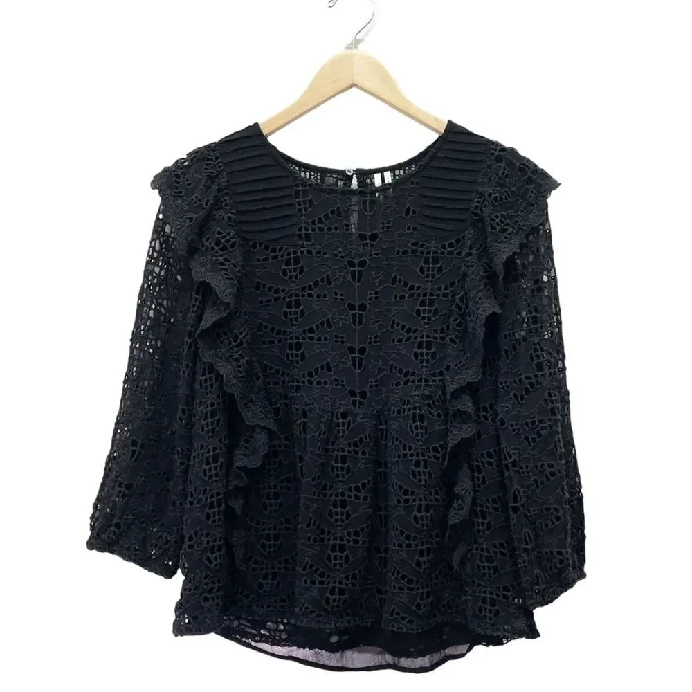 Anthropologie Clementine Eyelet Lace Blouse Black Ruffle Puff Sleeve Size 6